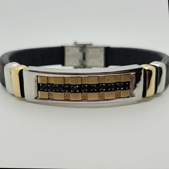 Unisex Stainless Steel Two-Tone Bracelet Black PUC Leather Pave' Stones 8.5" - Picture 2 of 4